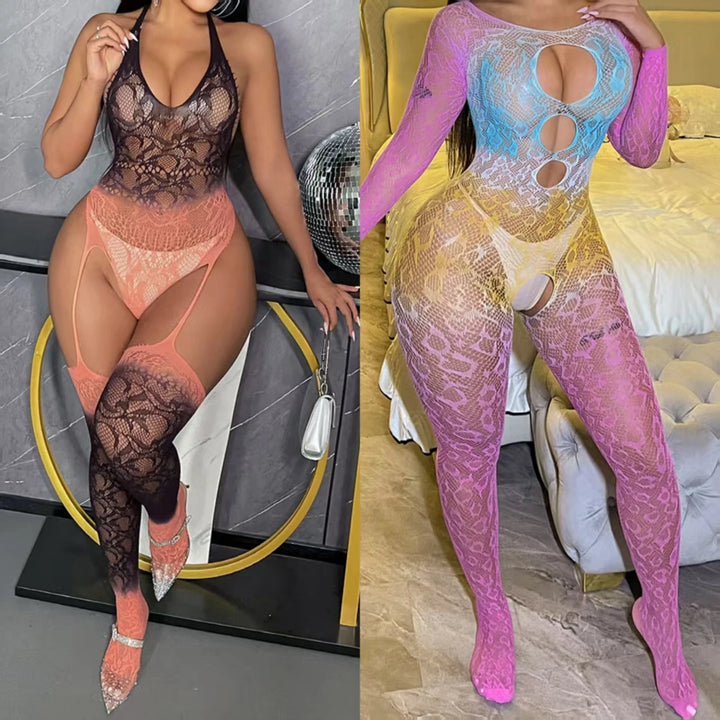 Hot Selling Gradient Tie-Dyed Seamless Transparent Jumpsuit Knitted Breathable Body Stocking Sexy Lingerie G131