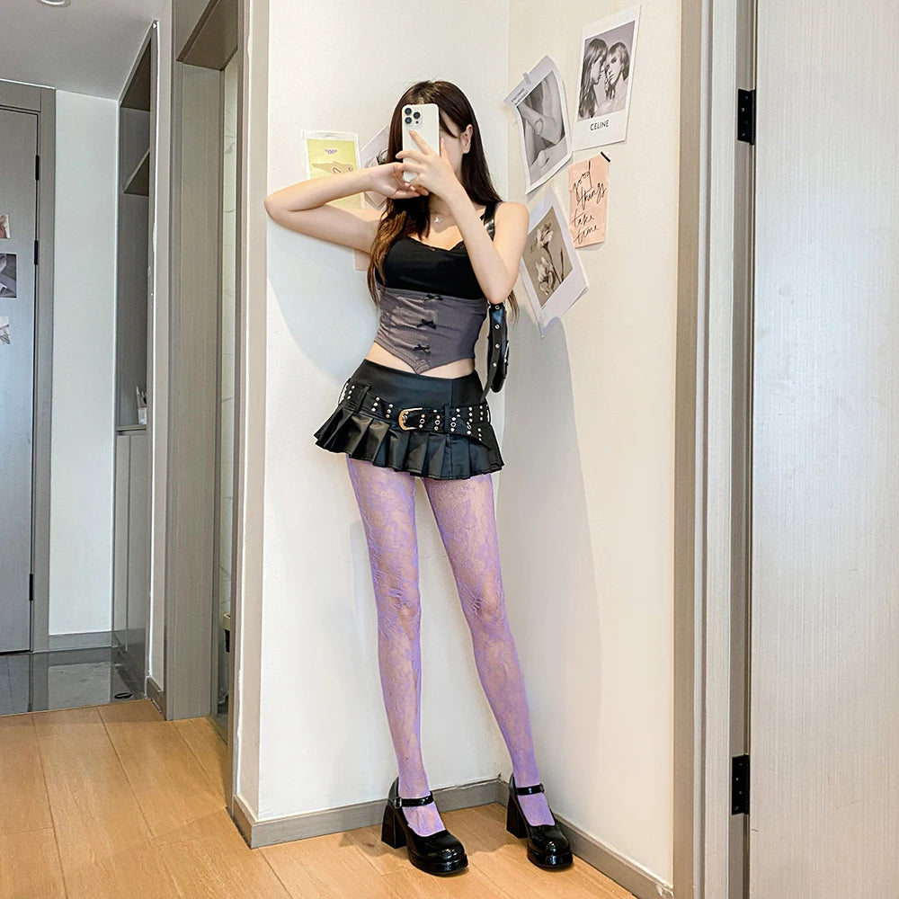 Punk Style Medias De Rejilla Women's Club Party Pantyhose/Tights Candy Color Floral Fishnet Stockings Collant Femme