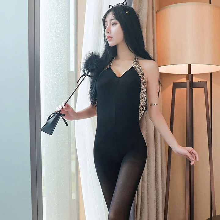 Leopard Sexy Transparent Silk Bodysuit Lingerie Dress Sexy Mature Sheer Erotic Black Silk Stockings Crotchless Sexy