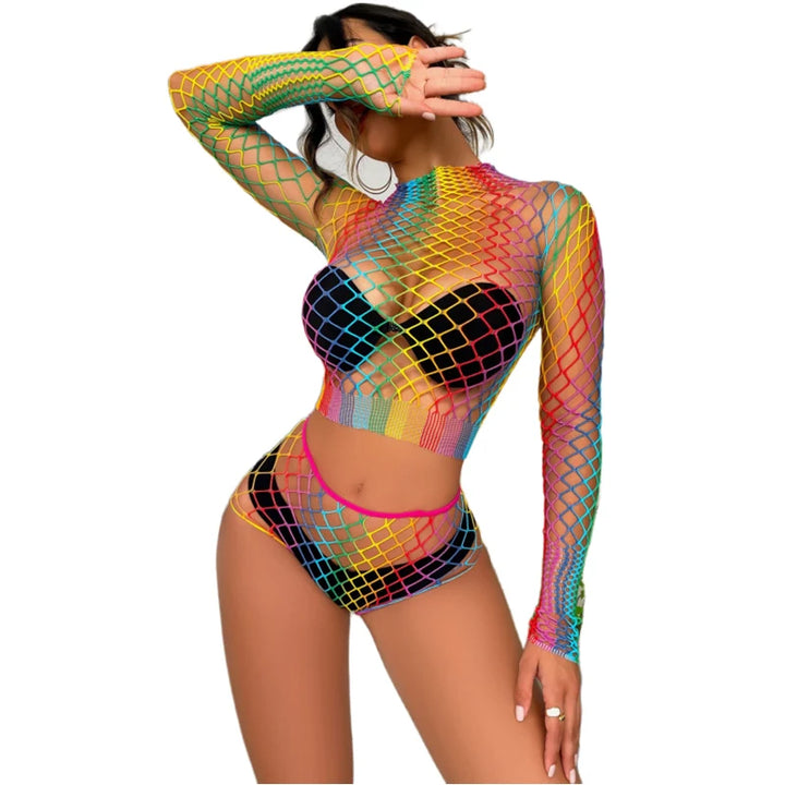 Lingerie Manufacturer  Rainbow Fishnet Women's Underwear Wholesale Bodysuits Exotic Costumes Bodystocking Transparent