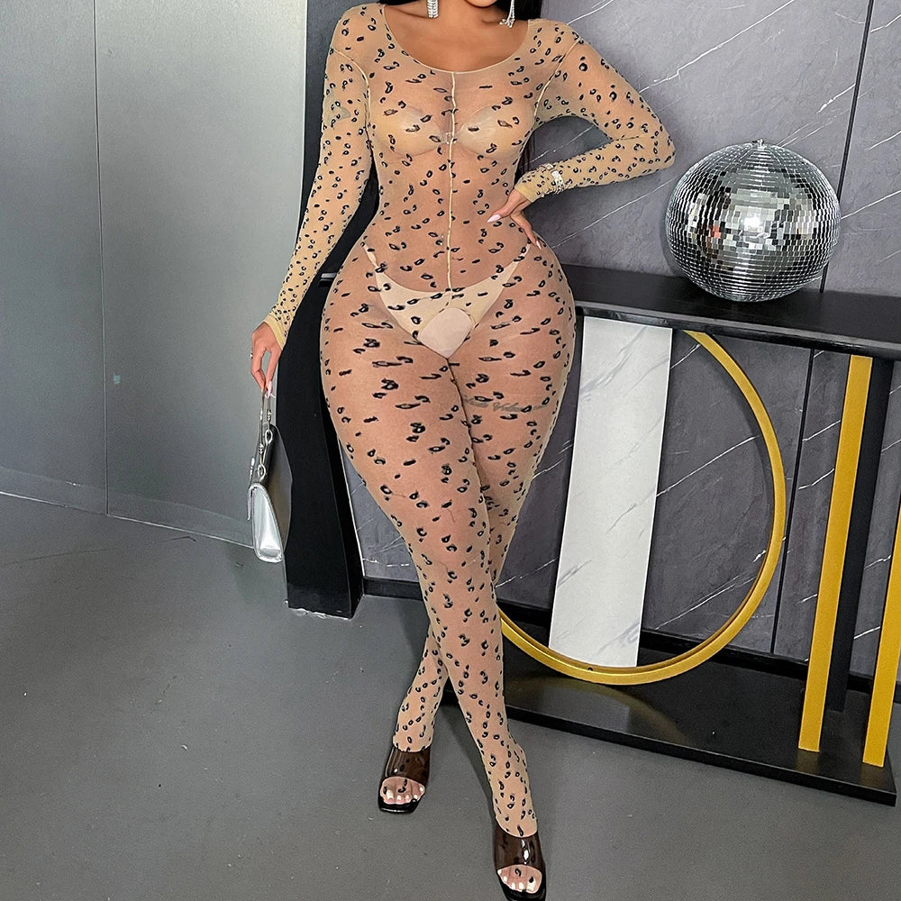Exotic Leopard Print Long Jumpsuits Silk Bodysuits Women's Sexy Nightclub Open Crotch One-piece Mesh Lingerie SY06