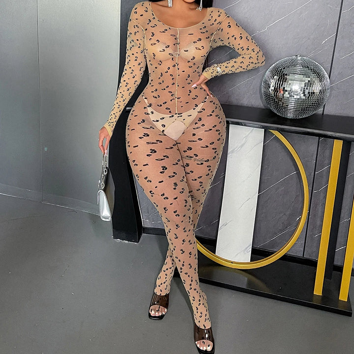 Exotic Leopard Print Long Jumpsuits Silk Bodysuits Women's Sexy Nightclub Open Crotch One-piece Mesh Lingerie SY06