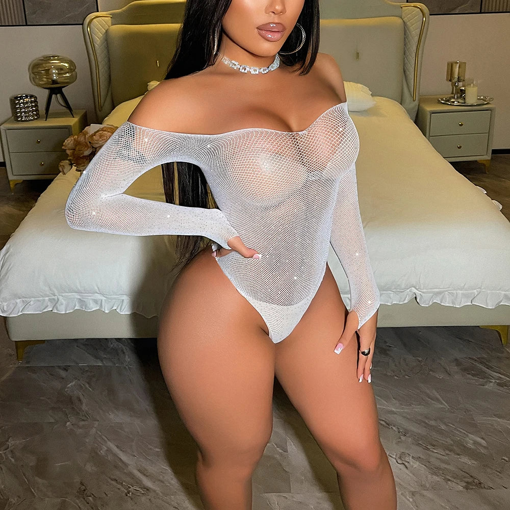Long Sleeve Shining Sexy Jumpsuit Fishnet Lingerie Rhinestone Sexy Transparent Sheer Bodysuit for Women Valentine Tzk292