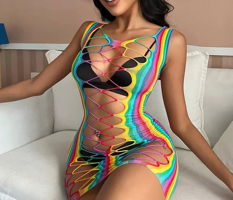 Colorful Sexy Body Stocking Dress with Transparent Lace Bodysuit Hollow Out Pattern Swimsuit Beach Bikini for Women