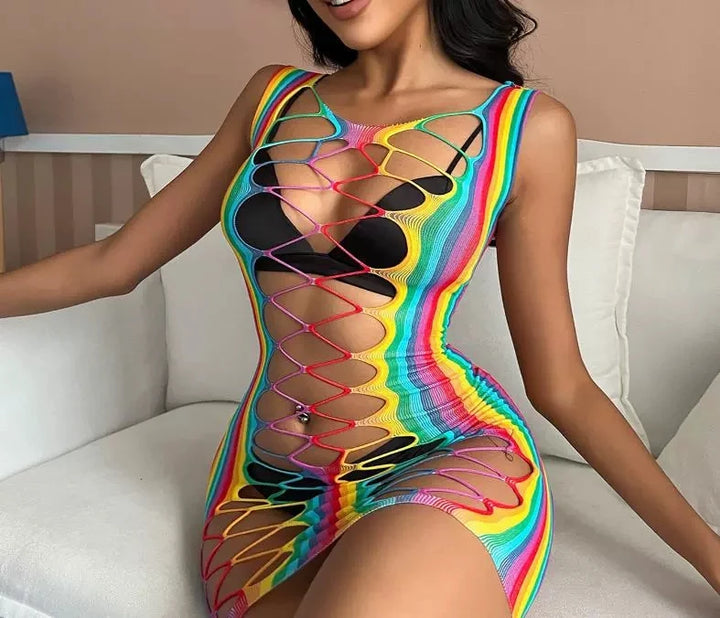 Colorful Sexy Body Stocking Dress with Transparent Lace Bodysuit Hollow Out Pattern Swimsuit Beach Bikini for Women