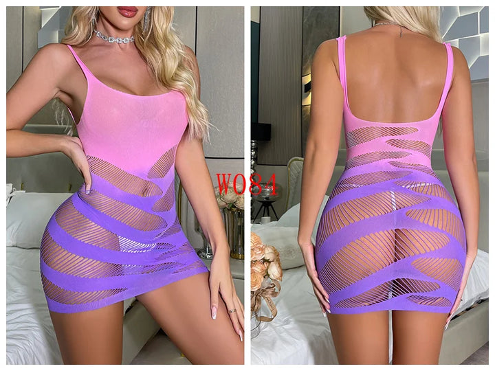 2025 New Colorful Gradient Two-Color Stretchy  Fishnet Body Stocking Plus Size Sexy Lingerie Bodycon Evening Dress