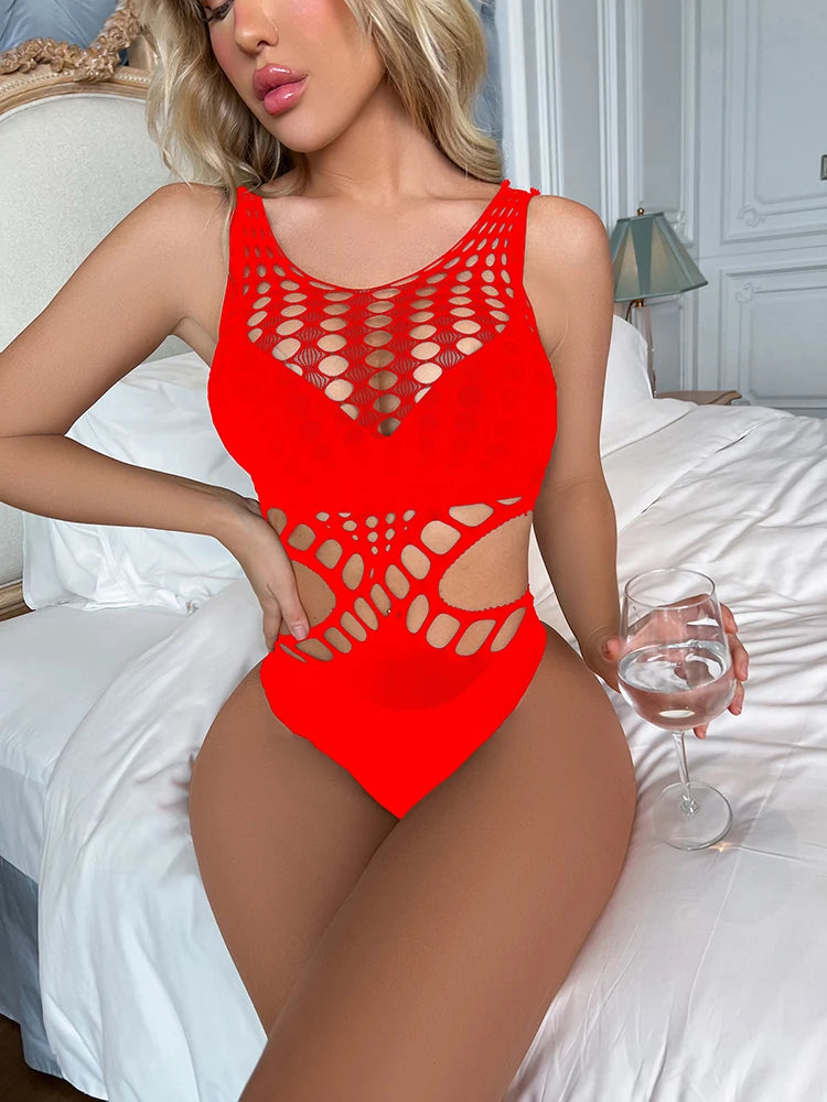 Hollow Out Sexy Baby Dolls Mesh Sheer Bikini Tops Women's Sexy Fishnet Bodysuit 2024 Femme Lingerie Dress