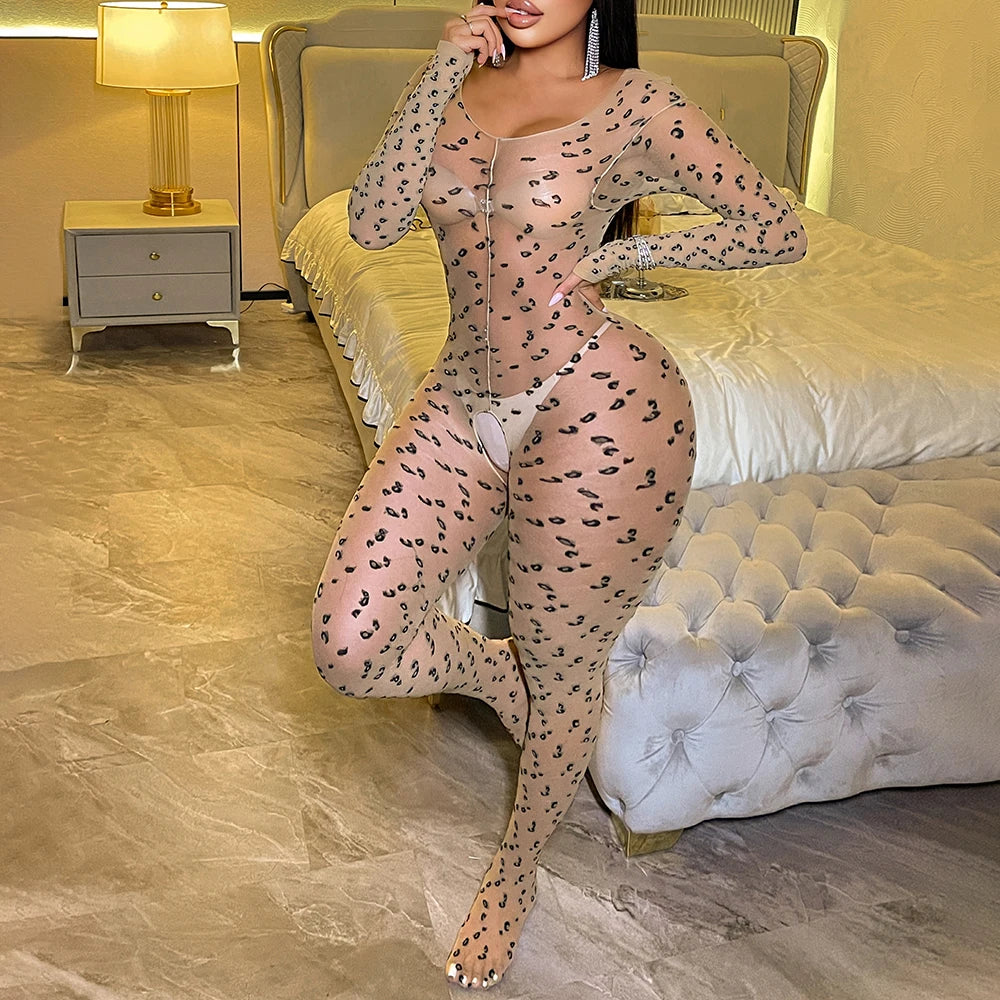 Exotic Leopard Print Long Jumpsuits Silk Bodysuits Women's Sexy Nightclub Open Crotch One-piece Mesh Lingerie SY06