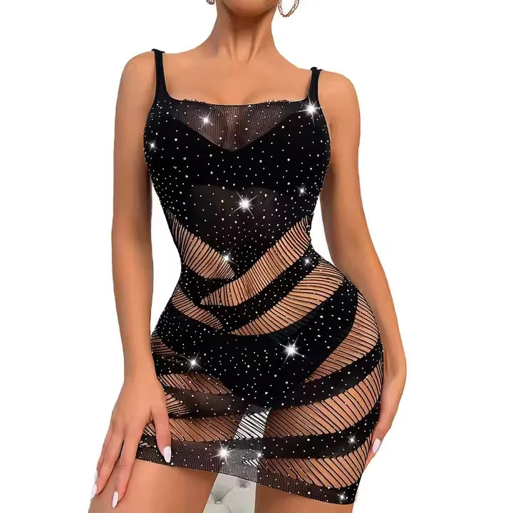 Sexy Women Shiny Rhinestone Bodysuit Exotic Dancewear Lingerie Hollow Out Wrap Hip Dress Stripper Outfiting Tz084