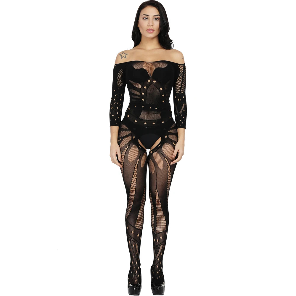 Retro Design Mesh Lingerie Femme Sexy Crotchless Body Stocking Adult Chemise Bodysuit Fishnet Stockings Full Body