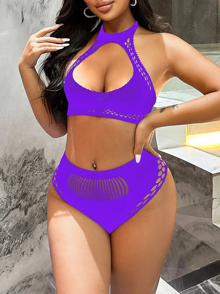 Womens Fishnet Lingerie Sexy Bra and Panty High Waist Sleepwear Two Piece Set Stripper Outfit Pajamas Sleepwear