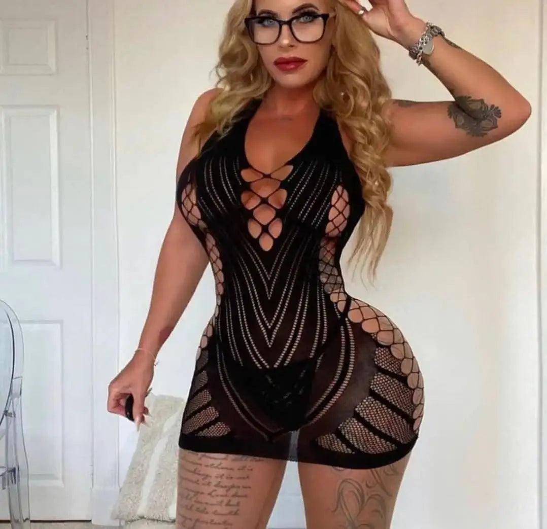 Ins Sexy Mesh Sheer Lingerie Women Wholesale Sexy Fishnet Bodystocking Black Erotic Cutout Camisole Teddy Dress  2024