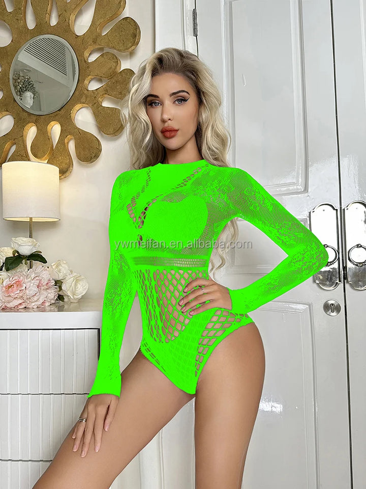 Long Sleeve Bikini Tops Womens Sexy Lingerie Hollow Out See Through Fishnets Bodystocking Dress Nylon Bodysuit Femmes