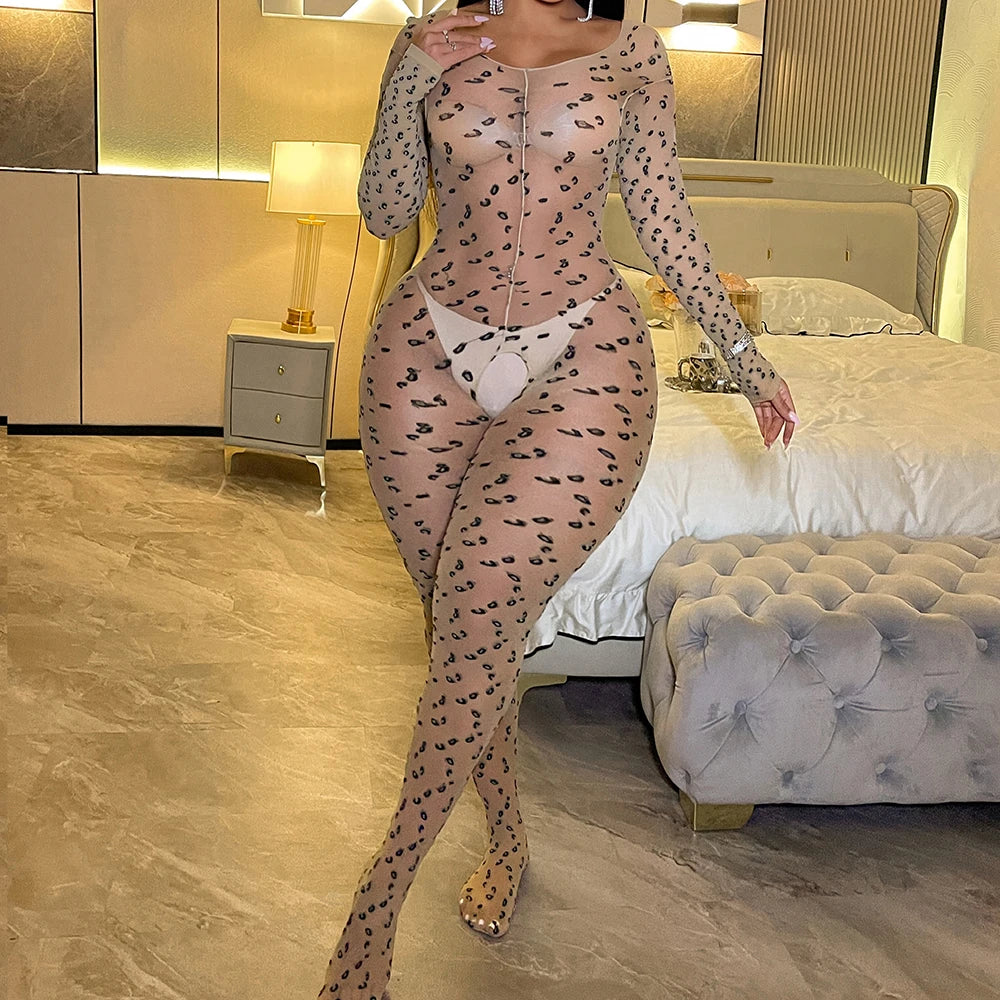 Exotic Leopard Print Long Jumpsuits Silk Bodysuits Women's Sexy Nightclub Open Crotch One-piece Mesh Lingerie SY06