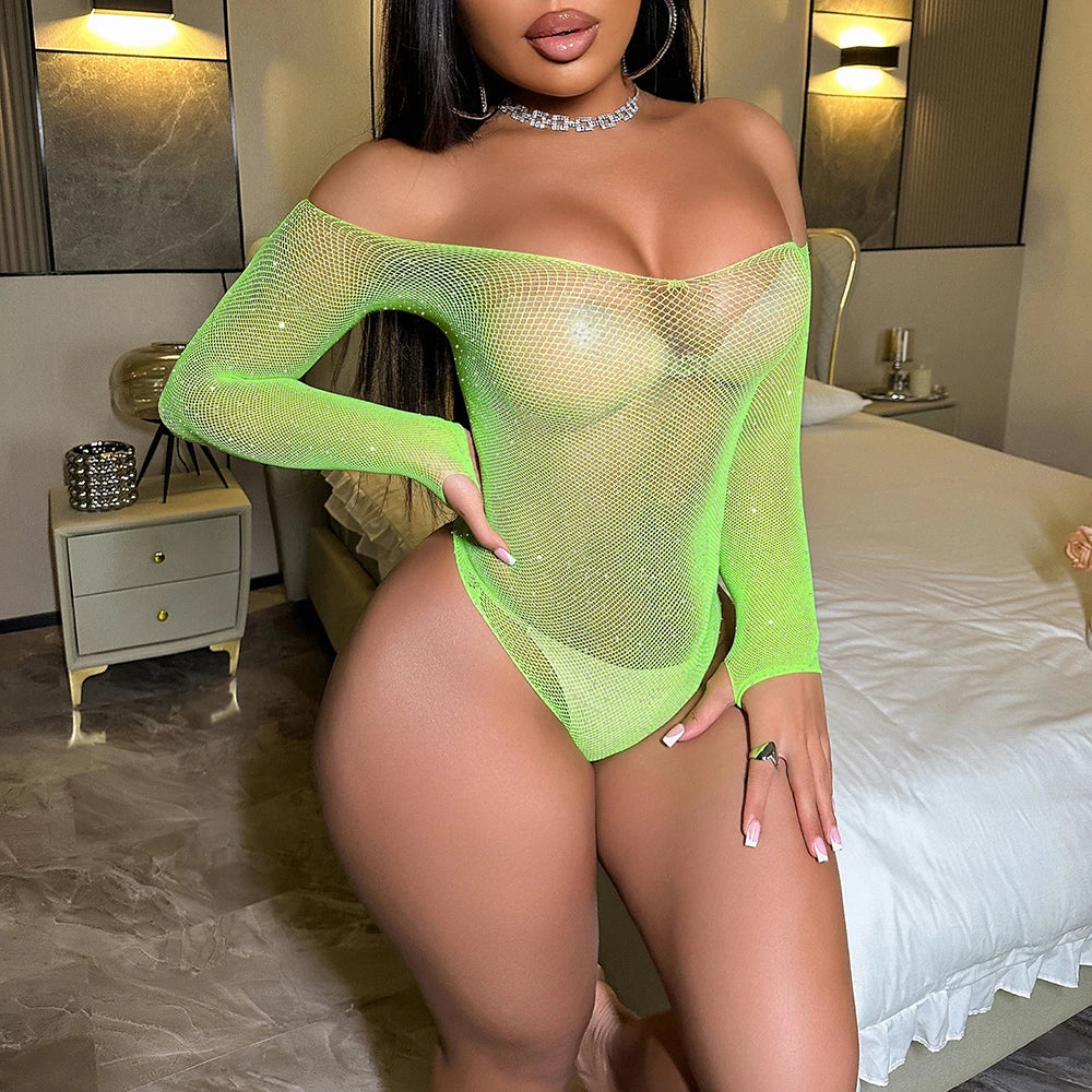 New Candy Color Girls Bodystocking Shiny Rhinestone Babydoll Mature See Through Lingerie Femme Sexy Performance Outfit