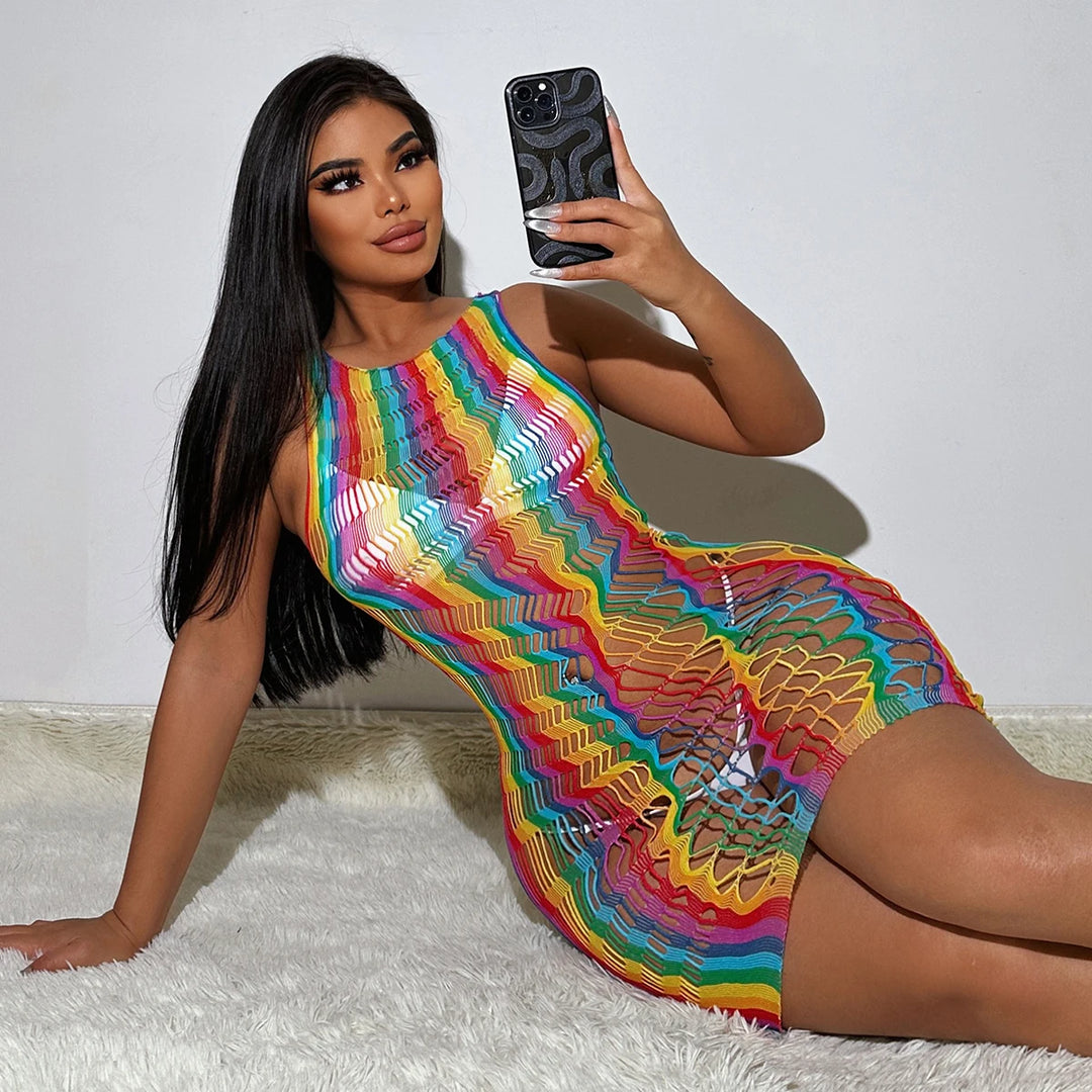 Carnival Rave Rainbow Color Bodydolls Dress Chemise Sexy Glitter Lingerie Stockings Exotic Mesh Sheer Lingerie