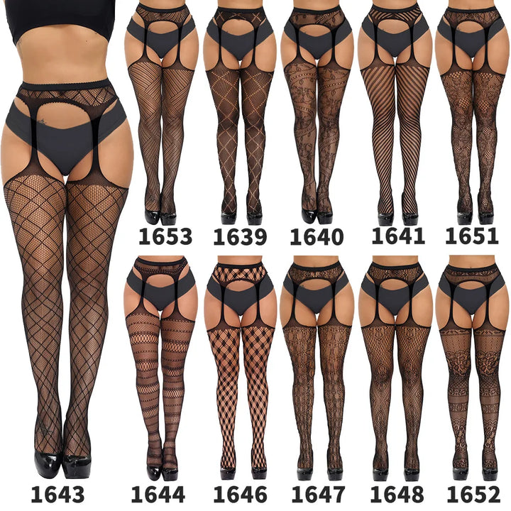 2023 Suspender Pantyhose Attached Stockings Fishnet Lace Thigh High Garter Belt Stockings Women's Exotic Hosiery