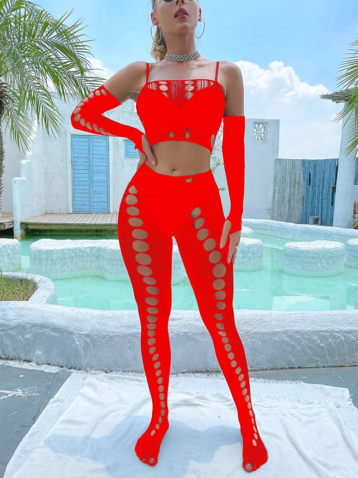 2024  Summer  Hawaiian Vacation  Beachwear Cuffs Halter Ups Thigh-high Pantyhose Set Big Hole Sheer Fishnet Body Stocking