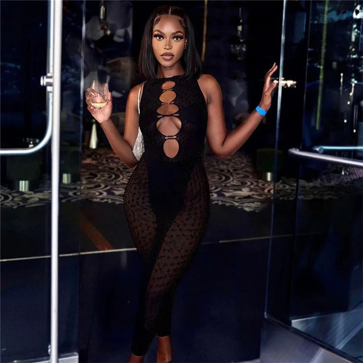 One Piece Playsuits Sexy See Through Long Sleeve Clubwear Mesh Leopard Rhinestone Body Suits Bodycon Hollow Out Club Mini Dress