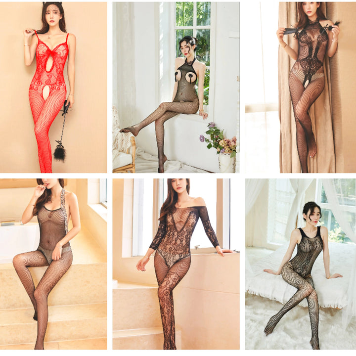 Wholesale Women Sexy Erotic Lingerie Femme Sexy Crotchless Stockings Full Body Sleepwear Lace Bows Cutout Bodysuits