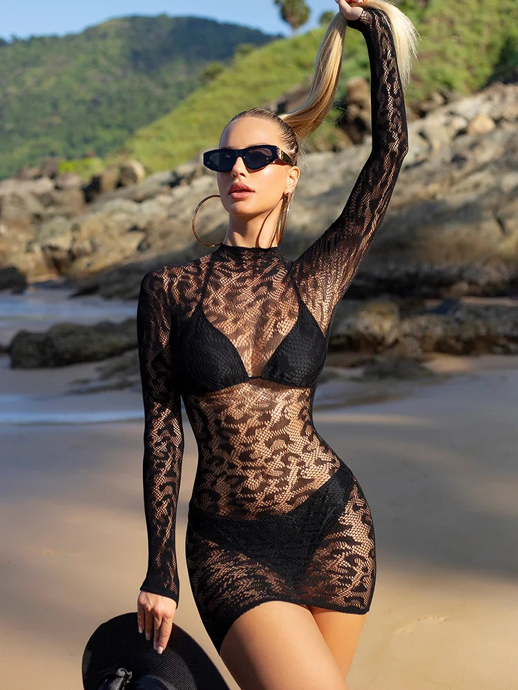 Wholesale New Leopard  Sexy Fishnet Bodystocking  Long Sleeve Bodysuit With Backless Design See Through One Piece Jumpsuit Women