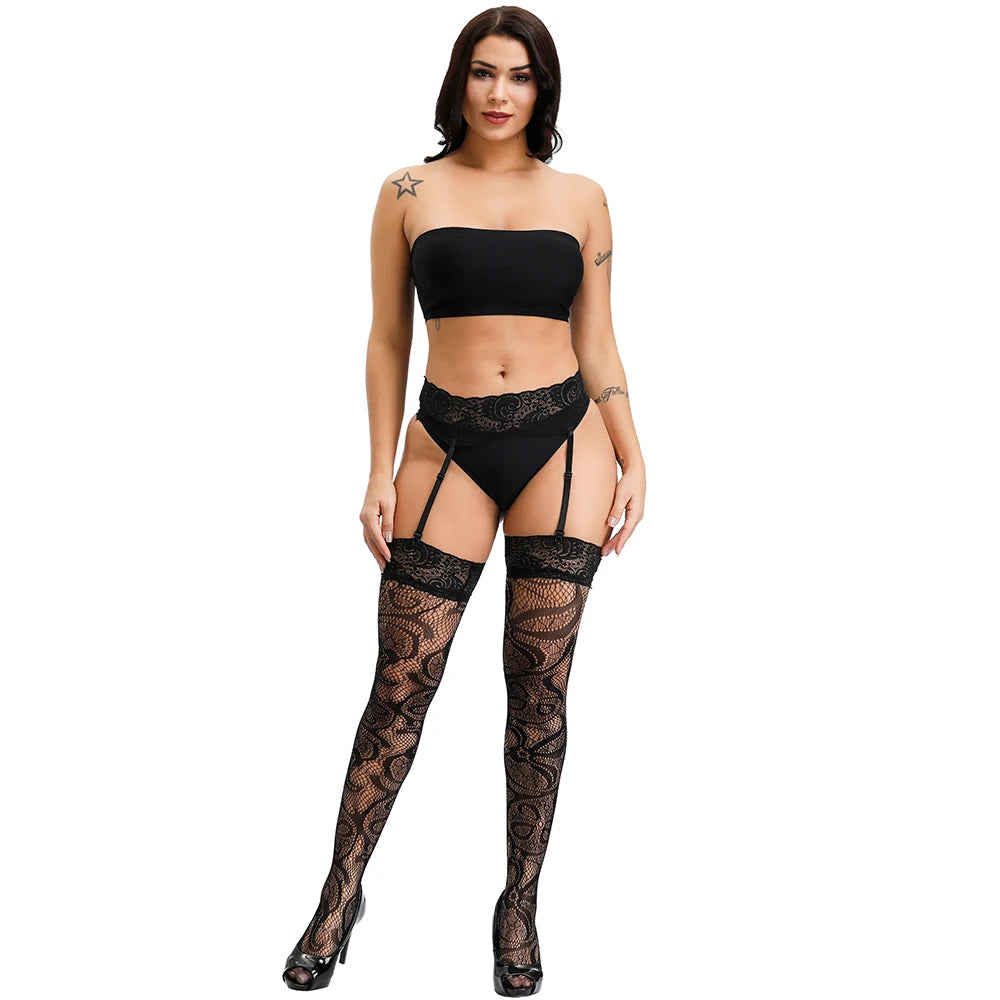 Sexy Garter Belt Attached Mesh Pantyhose Tights Women Erotic Lingerie Bodysuit Open Crotch Sleepwear Stockings