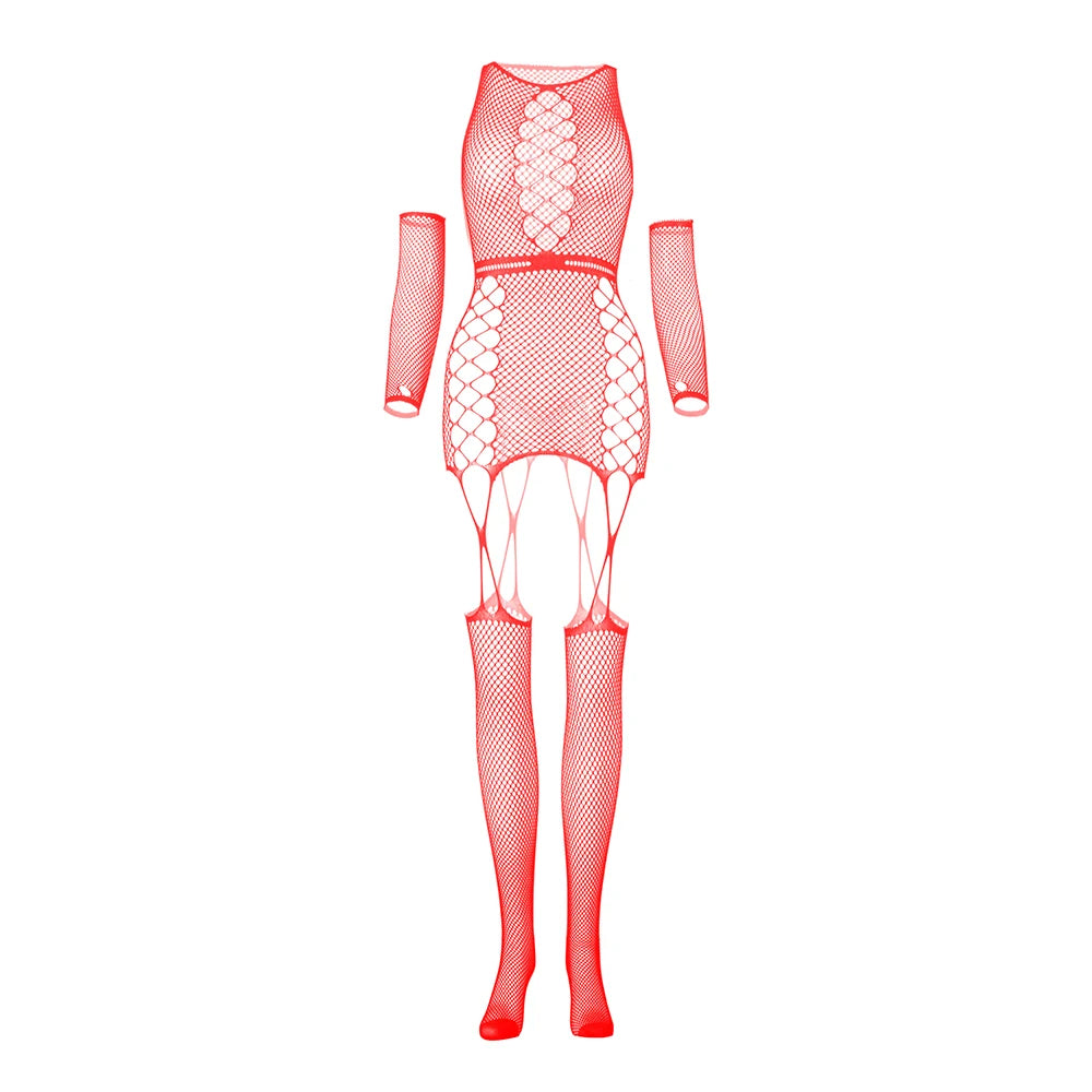 Women Sexy Lingerie Bodysuits Long Sleeve Open Crotch Mesh Sling Body Stockings Costumes Fishnet Suspender Bodystocking