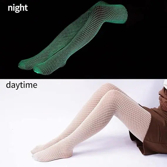 Sexy Nightwear Dress Glow in the Dark Fishnet Stockings Hollow Luminous Glowing High Waist White Fishnet Glowing Party