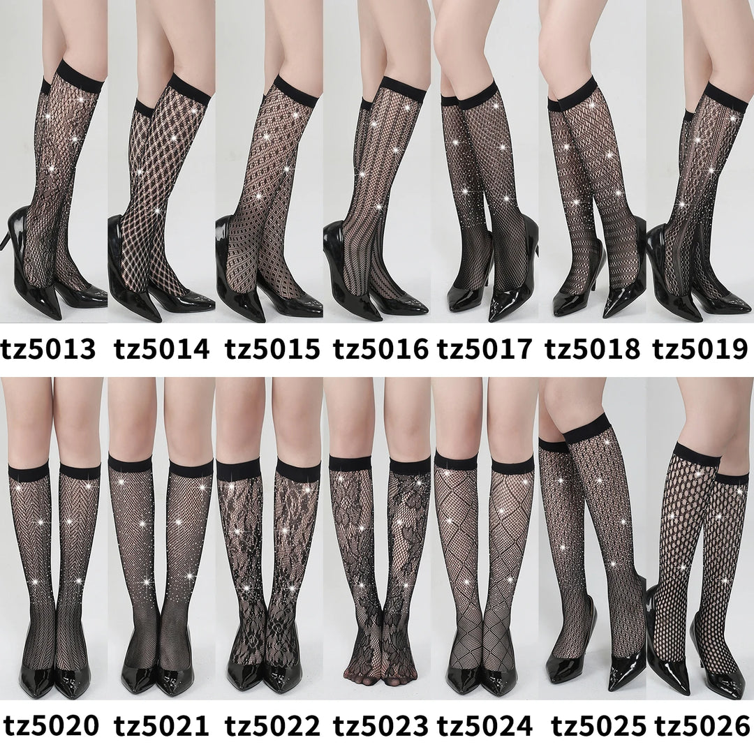 Sexy Rhinestone Nylon Fishnet Long Socks Fashion Decor for Women's Clothing Nylon Hosiery Stockings Lingerie Femme