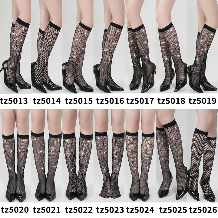 Sexy Rhinestone Nylon Fishnet Long Socks Fashion Decor for Women's Clothing Nylon Hosiery Stockings Lingerie Femme