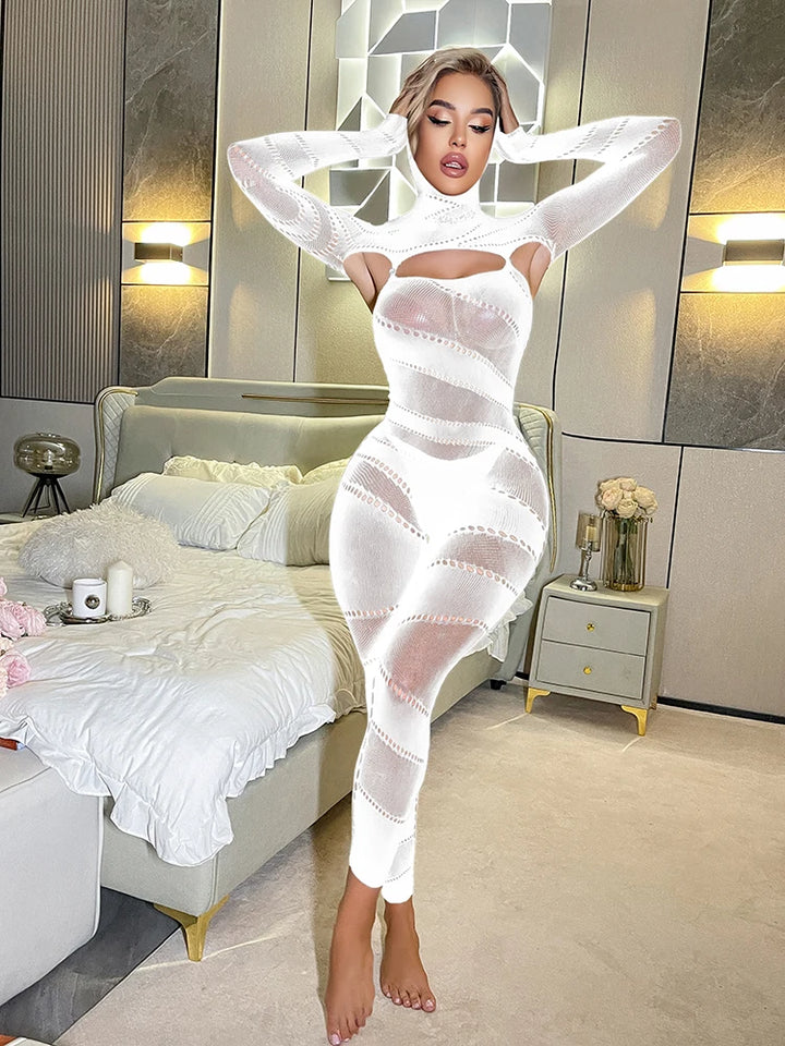 2025 NEW Hooded Sexy Rhinestone Body Stocking Plus Size for Chubby Women Crotchless Bodysuits Erotic Lingerie Outfits