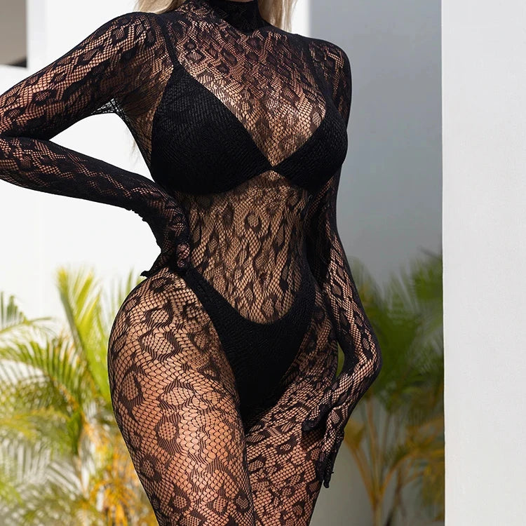 2024 New Sexy Fishnet Bodystocking Leopard Long Sleeve One Piece Set See Through Club Wear Body Stocking Underwear