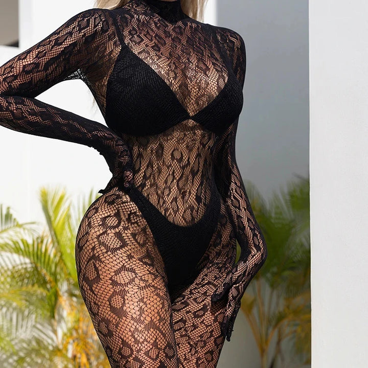 2024 New Sexy Fishnet Bodystocking Leopard Long Sleeve One Piece Set See Through Club Wear Body Stocking Underwear