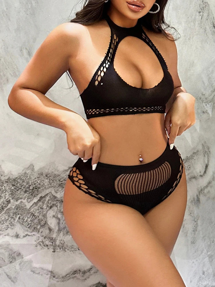 Womens Fishnet Lingerie Sexy Bra and Panty High Waist Sleepwear Two Piece Set Stripper Outfit Pajamas Sleepwear