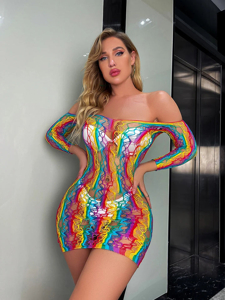 Women Erotic Lingerie Hollow Out Fishnet Lingerie Mesh Babydoll Christmas Rainbow Stripper Outfits Body Dress Outfit