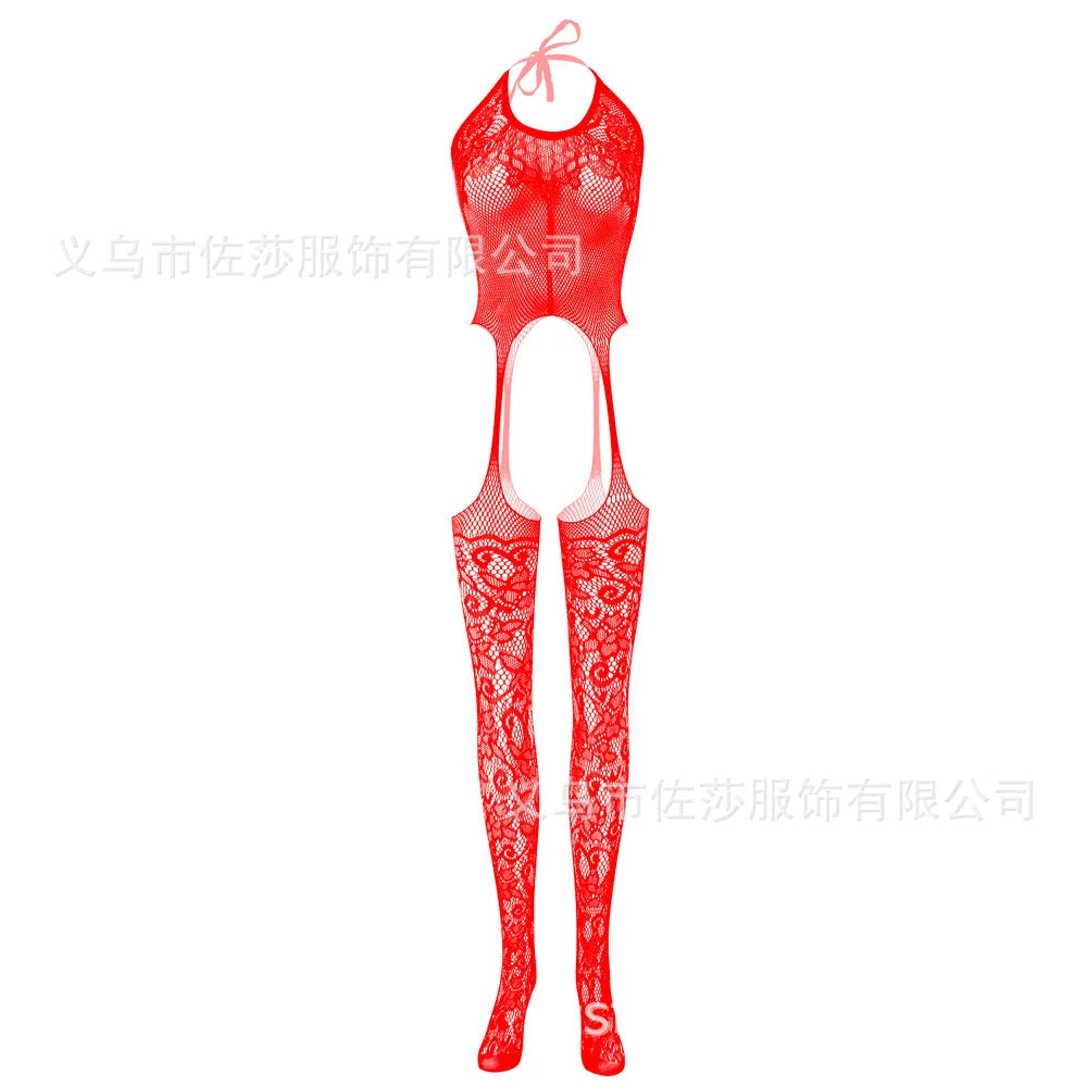 One Size Fits Black Floral Pattern Fishnet Bodystocking Attached Stockings Sexy Lingerie Crotchless Mesh Suspender Tights