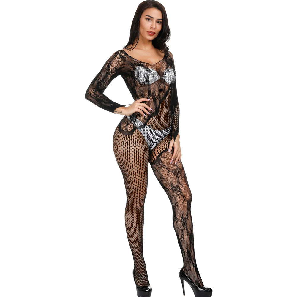 Black Dress Hollow Out Erotic Floral Lace Sexy Fat Women Plus Size Lingerie Fishnet Bodystocking WIth Handcuffs