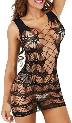 Designer Women Sexy Flexible Fishnet Lingerie V-Neck Rhinestone Babydoll Mesh Chemise Halter Nightwear Mini Dress