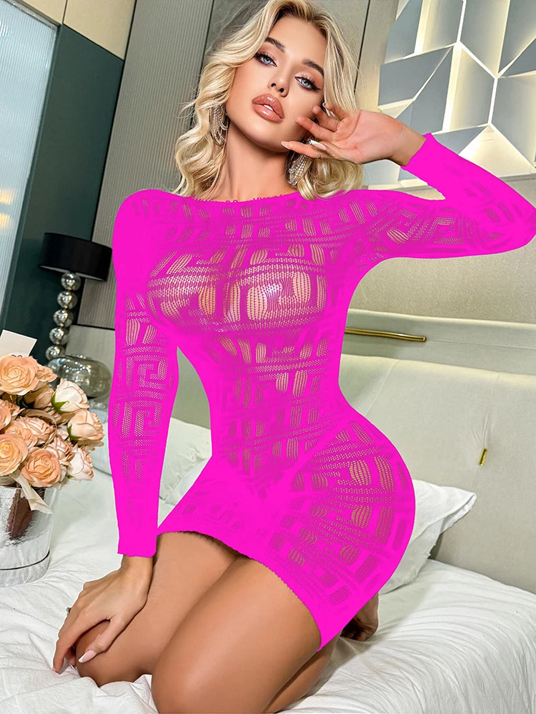 Sexy Body Stocking Dress Lace Transparent Bodysuit for Women Bodycon Jumpsuits Hollow Out  Lingerie