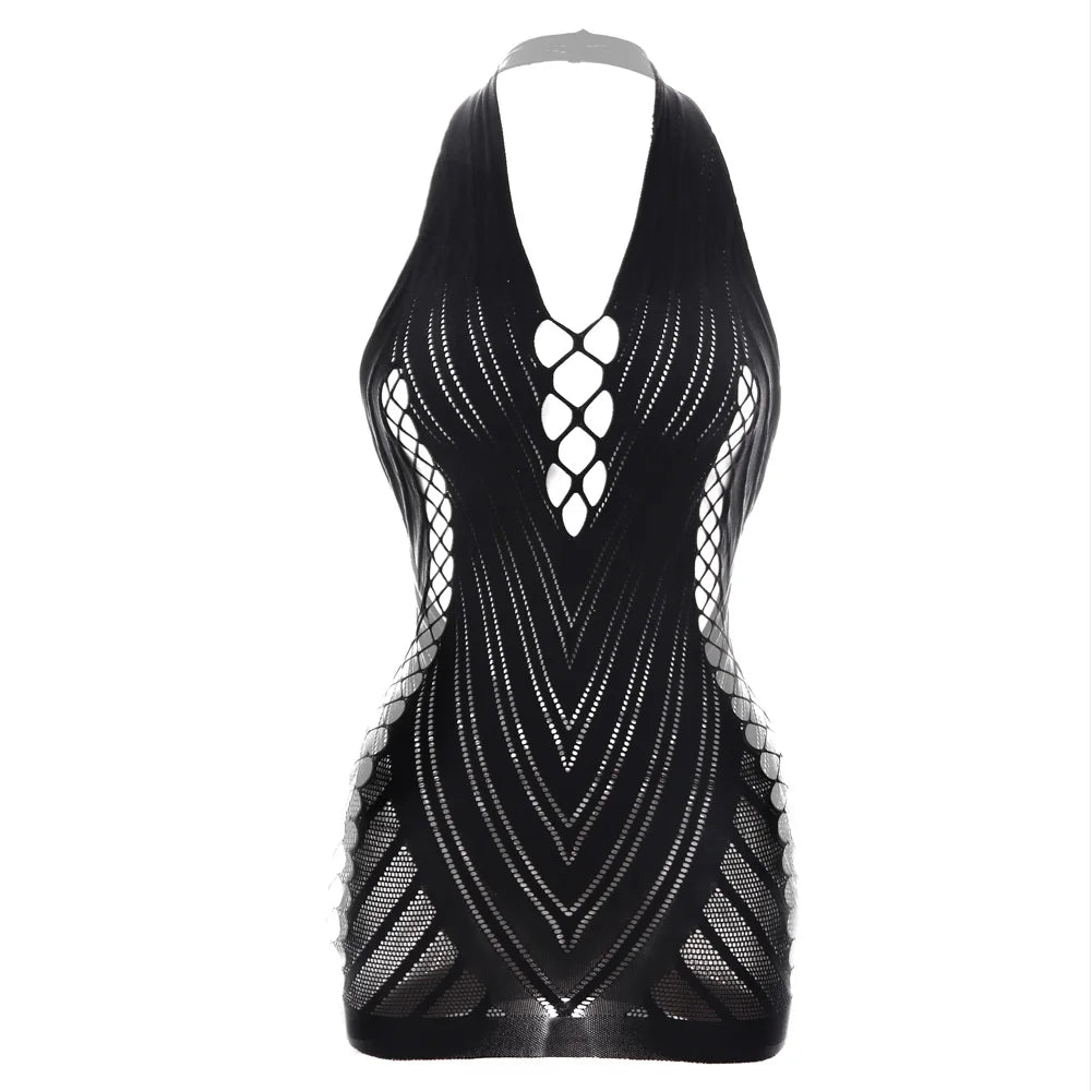 Plus Size Fishnet Dress for Chubby Women Sexy Erotic Lingerie Stockings Sexy Costumes Dolls Girl Halter Bodystocking