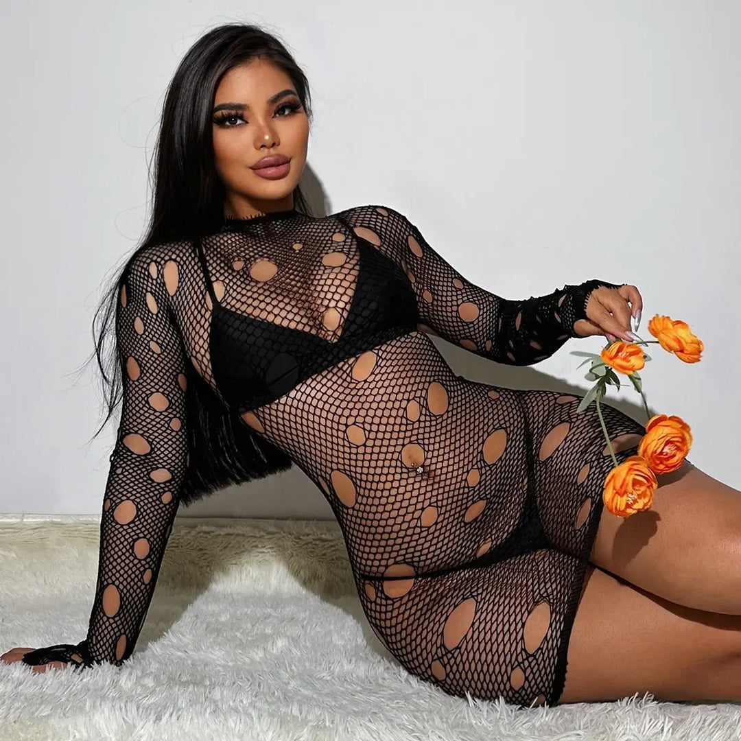 Sexy Fishnet Bodystocking Long Sleeve Transparent Bodysuit Stockings Full Body Floral Dress for Women