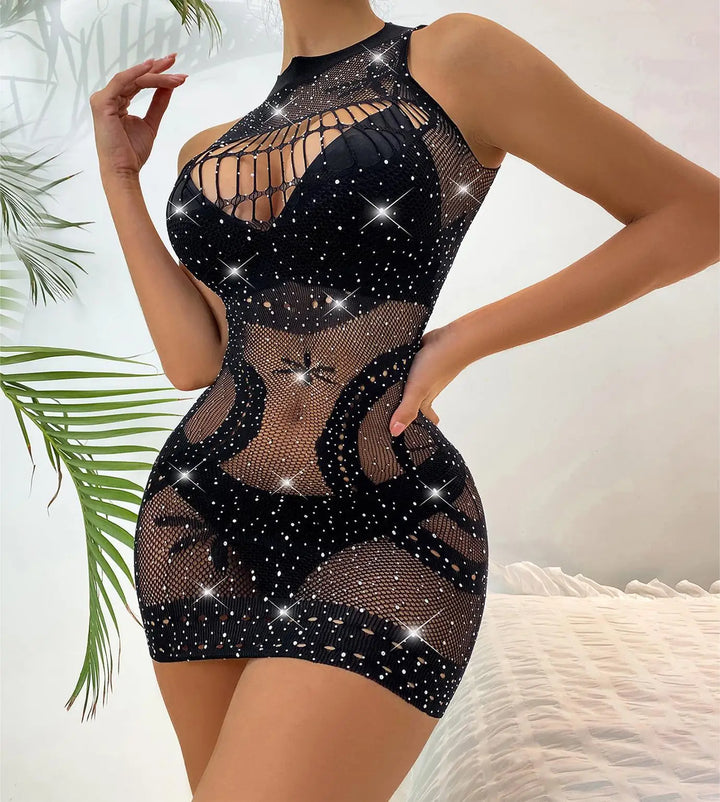 Crystal Rhinestone Women Sexy Outfit Costumes Glitter Body Stockings See Through Bodystocking Underwear Lingerie Slips