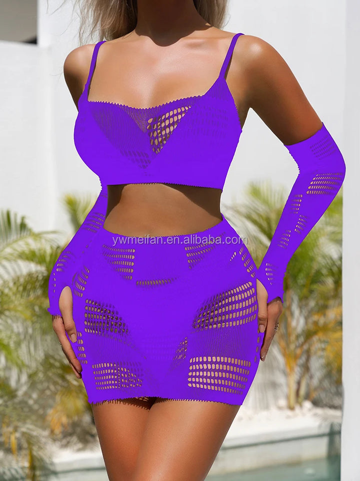 2pcs Dresses Sets Sexy Mesh Lingerie Pajama Summer Sexy Beach Sets Hollow Out Bodystocking Chemise