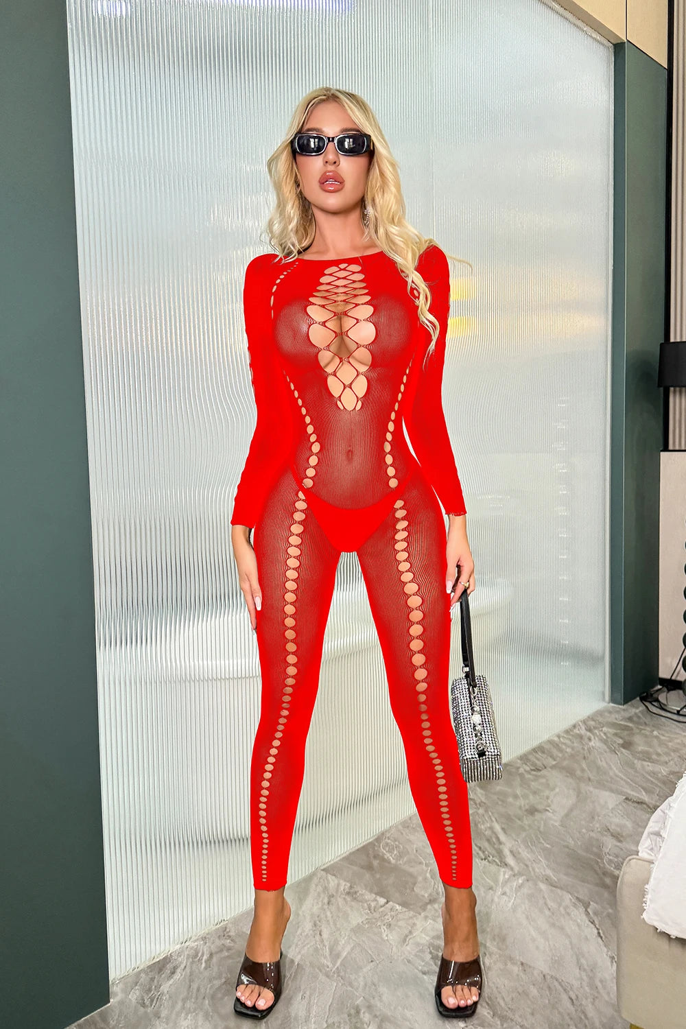 Sexy Mesh Jumpsuits Women Hipster Party Hollow Out Cleavage Full Sleeve Skinny Overalls Female Autumn Midnight Clubwear  K038