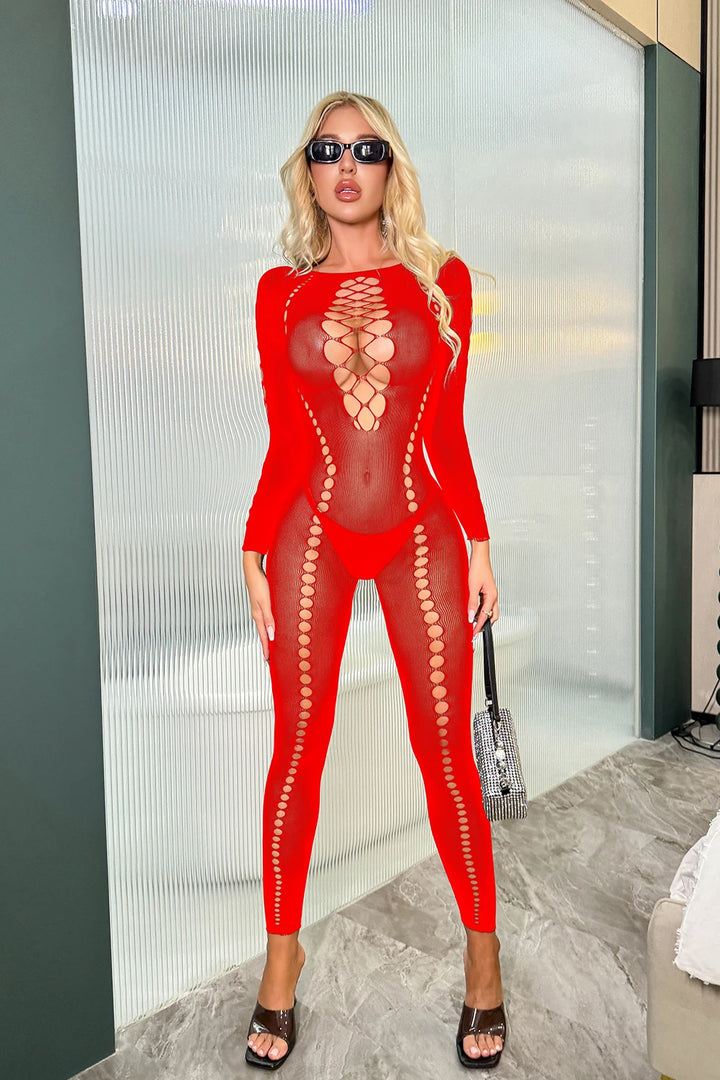 Sexy Mesh Jumpsuits Women Hipster Party Hollow Out Cleavage Full Sleeve Skinny Overalls Female Autumn Midnight Clubwear  K038