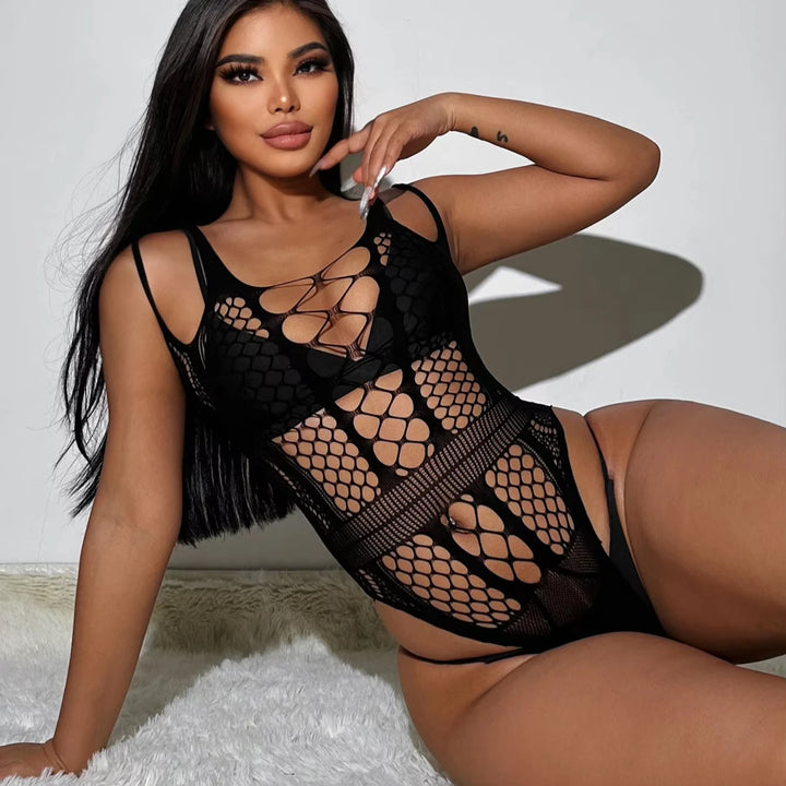 Hollow Out Sexy Baby Doll Mature Lady Sexy Erotic Lingerie Dress Bling Rhinestone Stockings Mesh Sheer Bodystocking