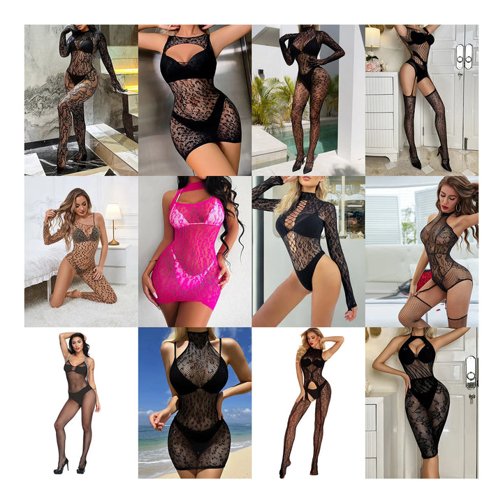 Exotic Fishnet Lingerie Mesh Hole Chemise Full Bodystocking Leopard Lingerie Long Sleeved Babydoll Adult Bodysuit Dress