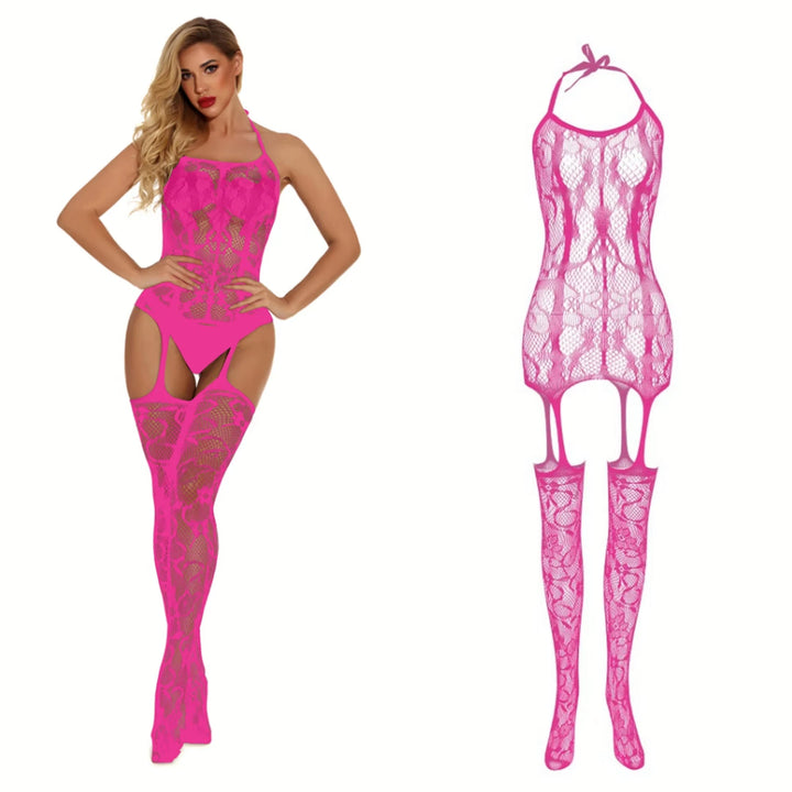 2024 Femme Lingerie One Piece Black Cutout Jacquard Stockings Full Body Erotic Lingerie Crotchless Bodysuit Nylon Sexy