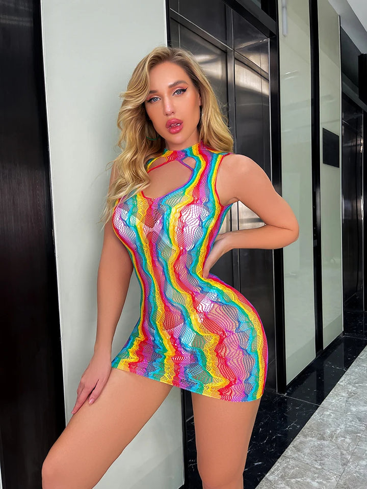 Women Erotic Lingerie Hollow Out Fishnet Lingerie Mesh Babydoll Christmas Rainbow Stripper Outfits Body Dress Outfit