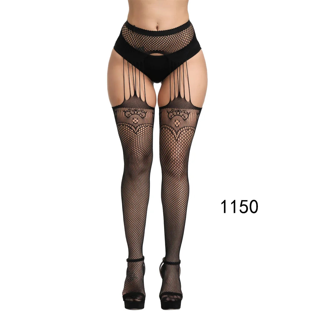 2025 Suspender Pantyhose Nylon Stockings Fishnet Lace Thigh High Garter Belt Stockings Women's Exotic Lingerie Woman